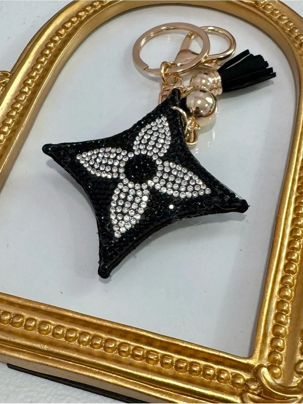 New Crystal-Embellished Black Silver Star Keychain with Tassel